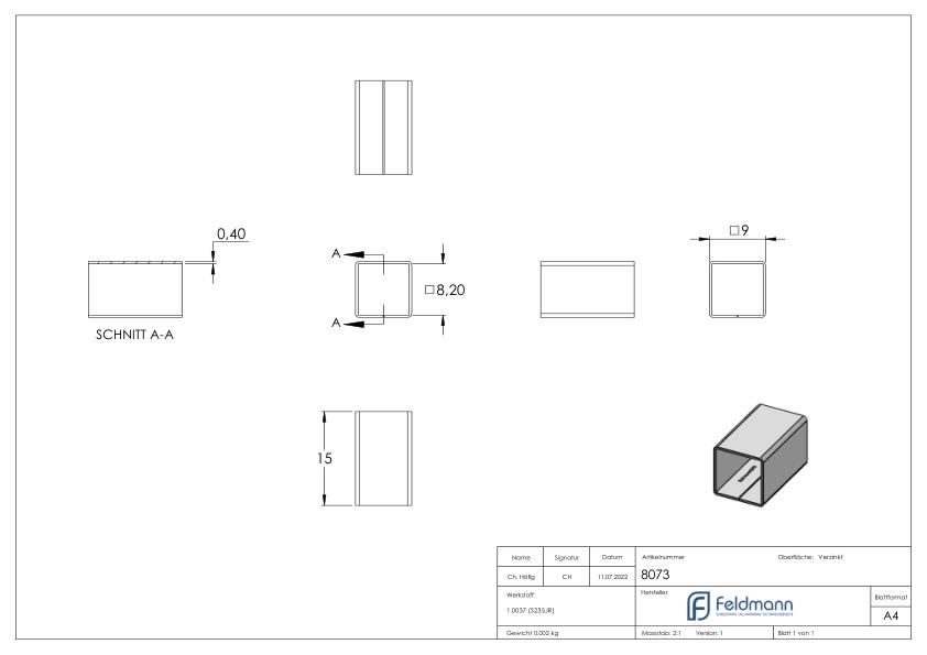 Ausgleichshülse von 8x8 auf 9x9mm, Länge 15mm, verzinkt