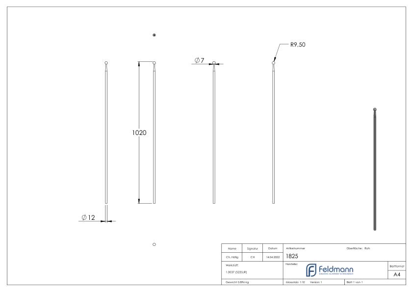 Zaunstab Ø 12mm, H: 1020mm, Kugel 19mm