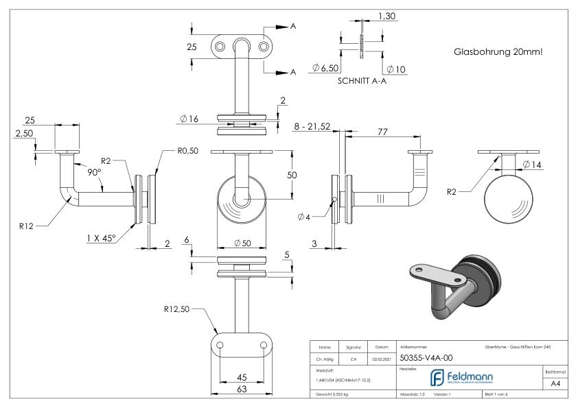 Handlaufhalter für Glas, Handlaufanschlussplatte flach, V4A