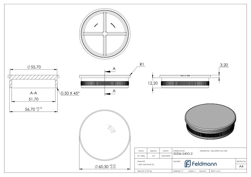 Rohrabschlussstopfen, für Rohr 60,3x2,0mm, V2A