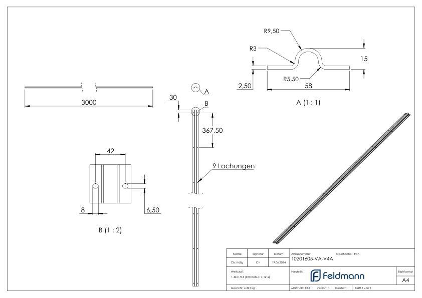 Laufschiene zum Aufschrauben, L: 3000mm, V4A