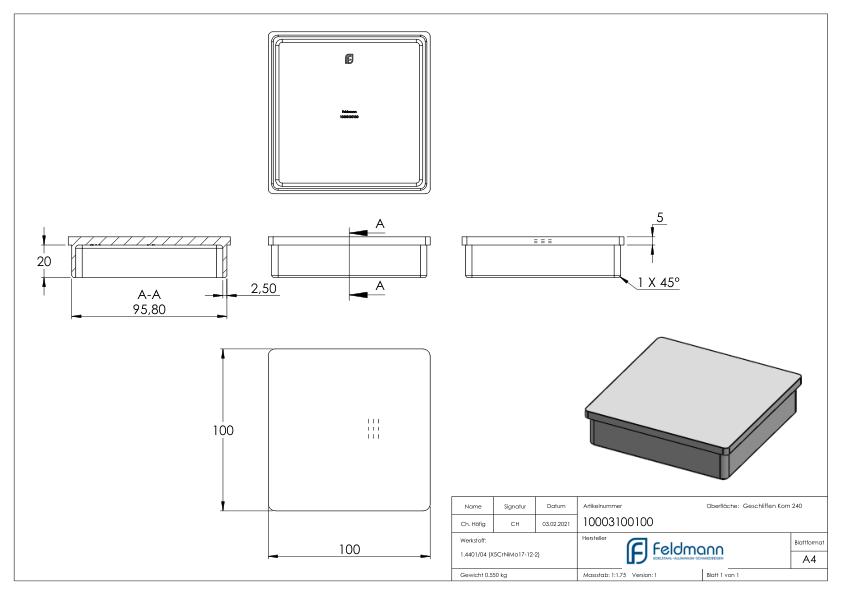Einsteckkappe, für Rohr 100 x 100 x 2,0mm, V4A