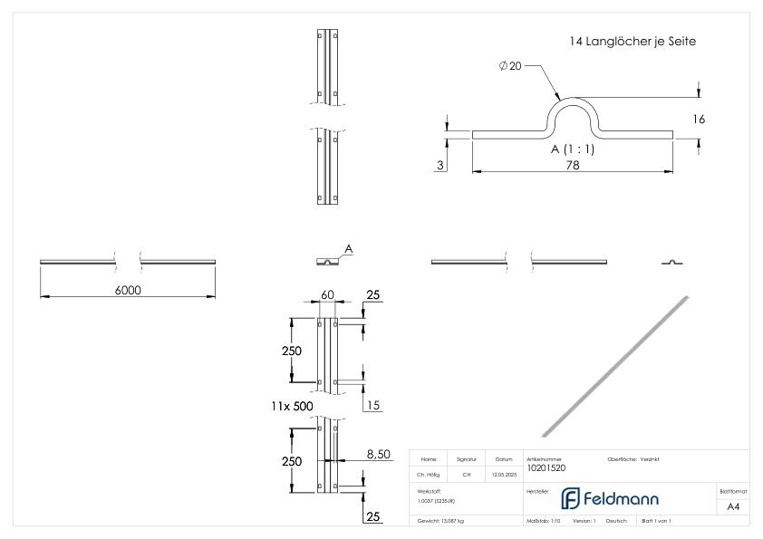 Laufschiene zum Aufschrauben mit Ø 20mm, extrabreit, Länge 6m, verzinkt