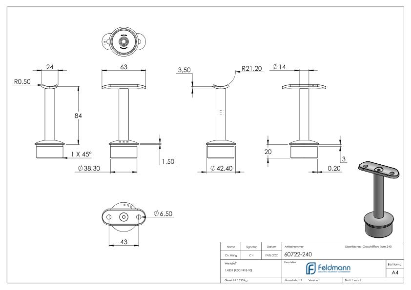Rohrabschlussstopfen für Rohr 42,4x2,0mm, Handlaufanschlussplatte: 42,4mm, V2A