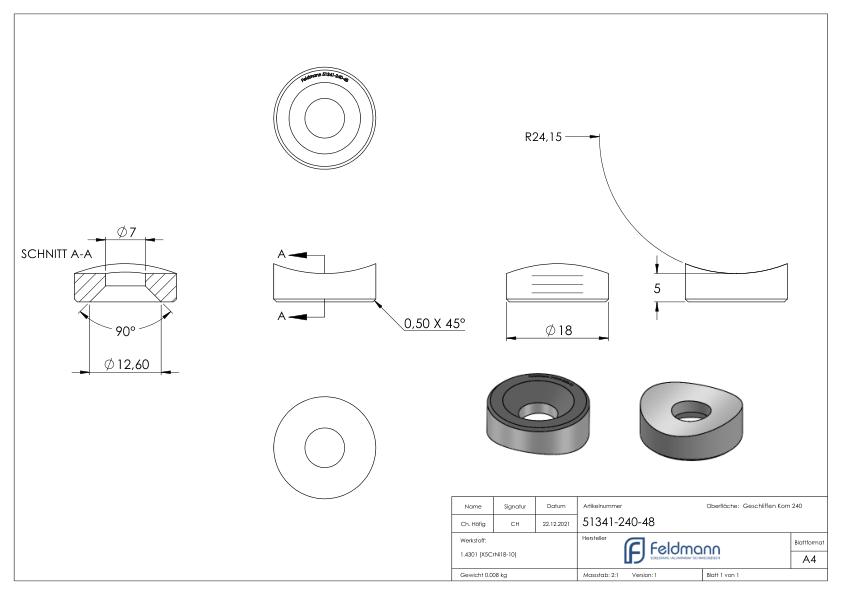 Ausgleichsstück für Rohr 48,3mm, Ø 18mm, mit gesenkter Bohrung 7mm, V2A