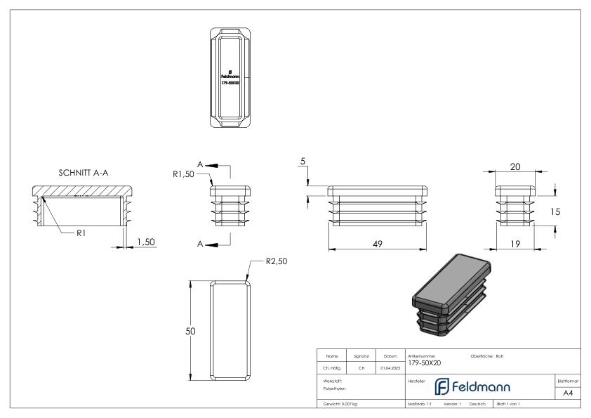 Kunststoffkappe für Rechteckrohr 50x20mm