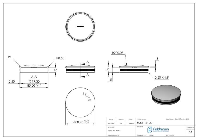 Rohrabschlussstopfen, für Rohr 88,9x2,0mm, V2A