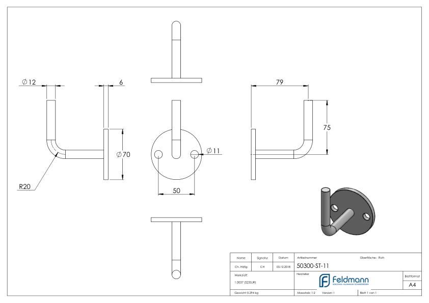 Handlaufträger mit Ronde flach, 70x6mm