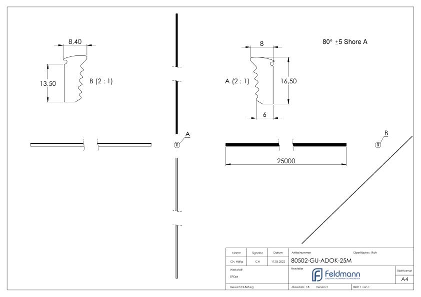 Abschlussdichtung oben, EPDM 80 shore, Länge 25m, schwarz