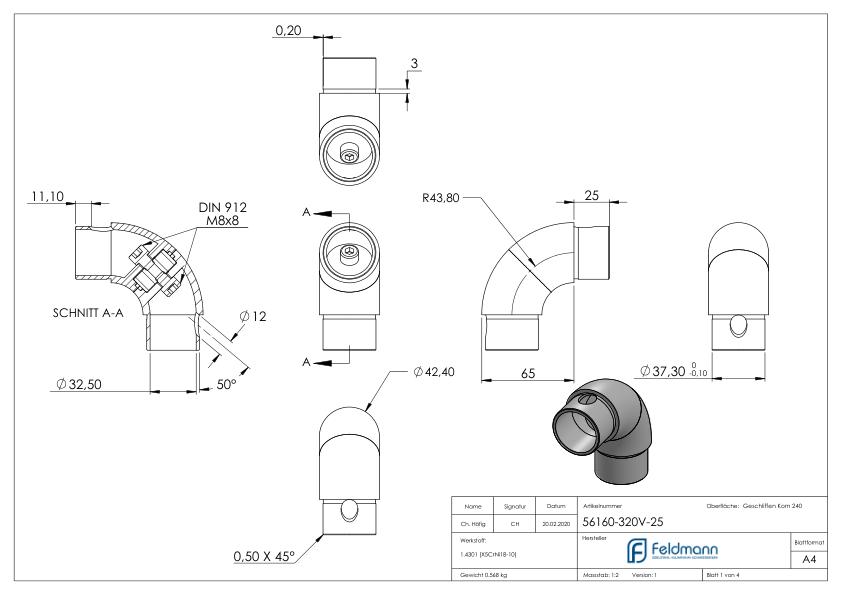 Rohrbogen 90°, verstellbar, für Rohr 42,4x2,5mm, V2A Rohrbogen 90°, verstellbar, für Rohr 42,4x2,5mm, V2A
