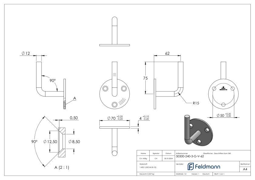 Handlaufhalter zum Anschweißen (Ronde und Bügel verschweißt), V2A