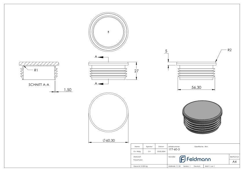 Kunststoffkappe für Rundrohr 60,3mm