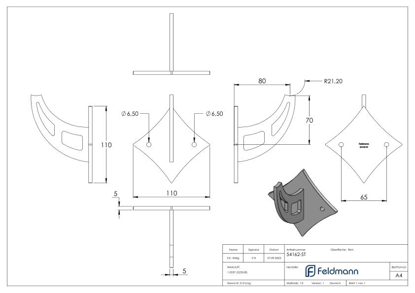 Handlaufträger, Schwert gelasert mit Ronde 110mm, flach