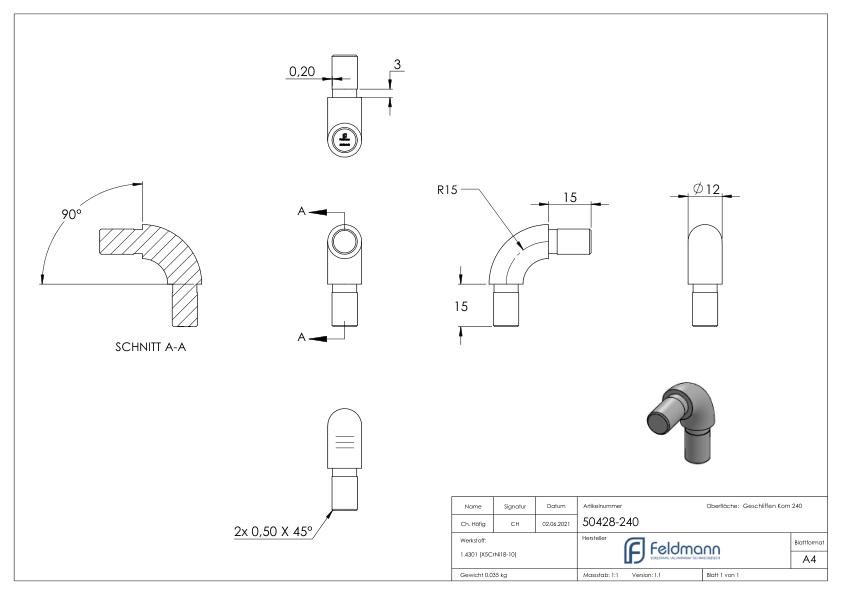 Rohrverbinder 90° für Rohr 12,0x1,5mm, V2A