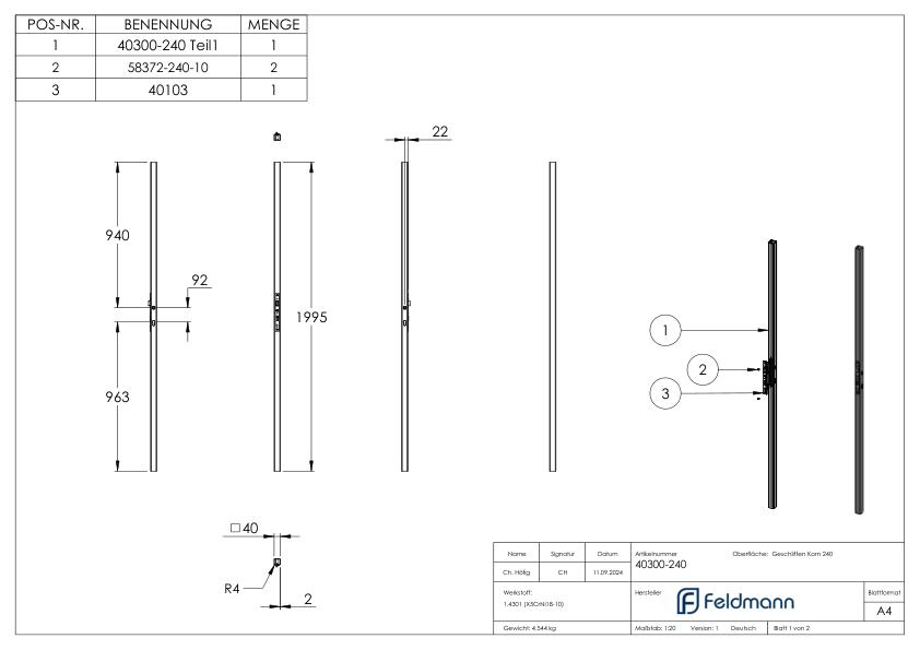 Schlossrohr inkl. Schloss mit Abstand 92 mm, 40x40x2,0 glatt, 2000mm, V2A Schlossrohr inkl. Schloss mit Abstand 92 mm, 40x40x2,0 glatt, 2000mm, V2A