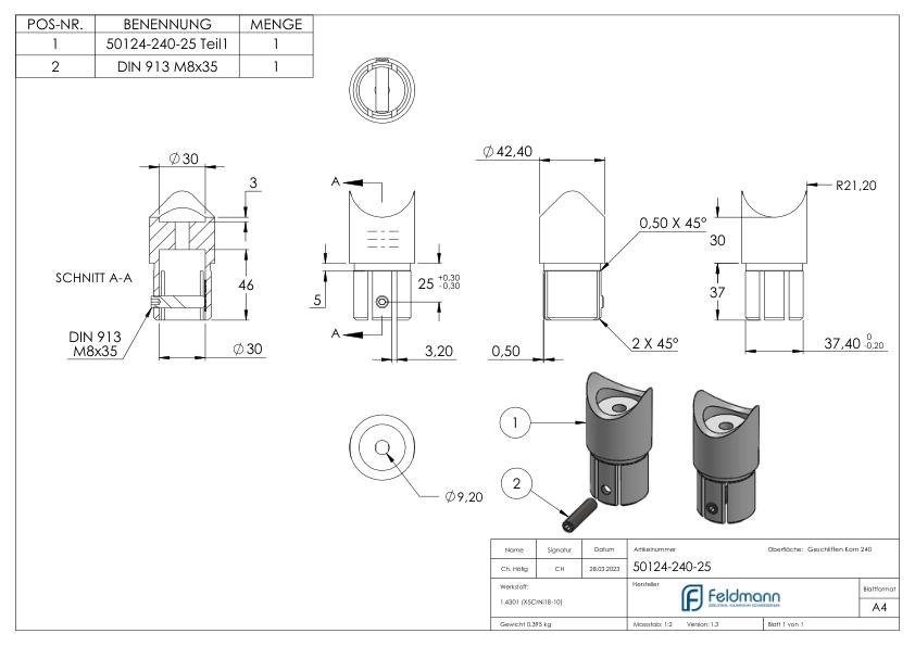 Anschlussstück 90°, Anschluss oben: 42,4mm, V2A