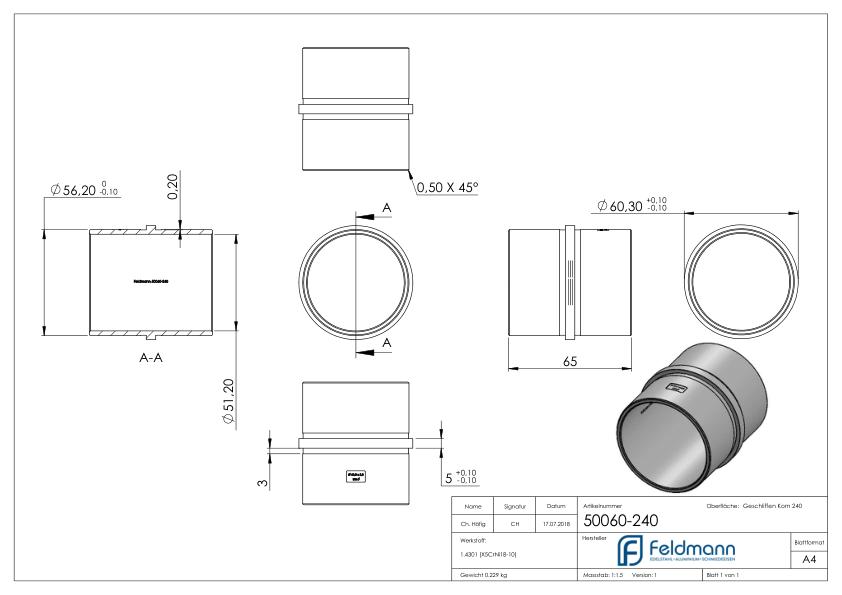 Verbindungsstück für Rohr 60,3x2,0mm, V2A