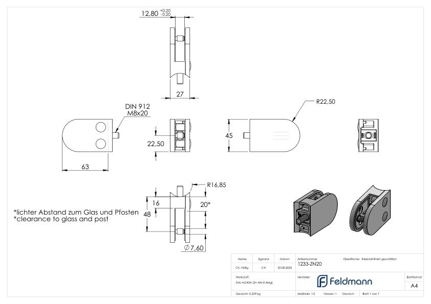 Glasklemme Mod. 12, Anschluss: 33,7mm, VA-Effekt