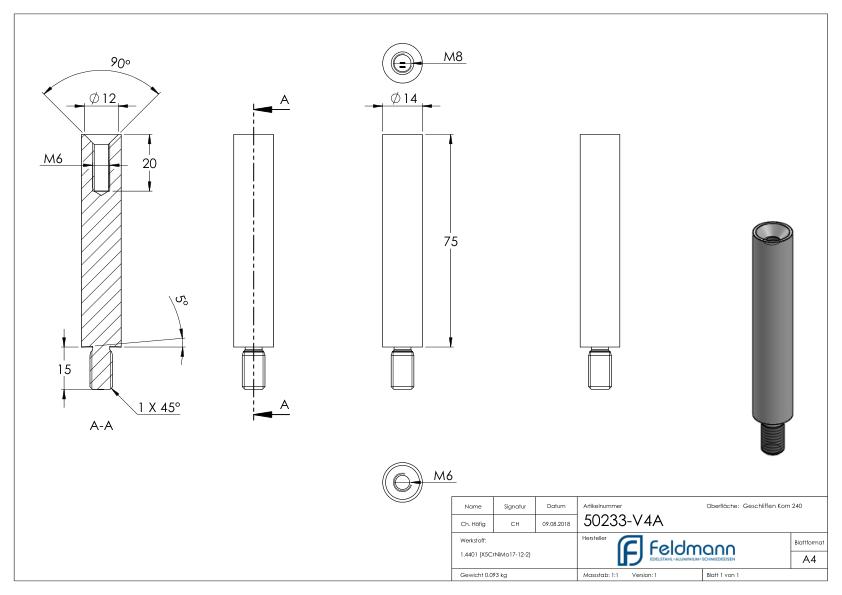 Stift Ø 14mm, L: 75mm, V4A