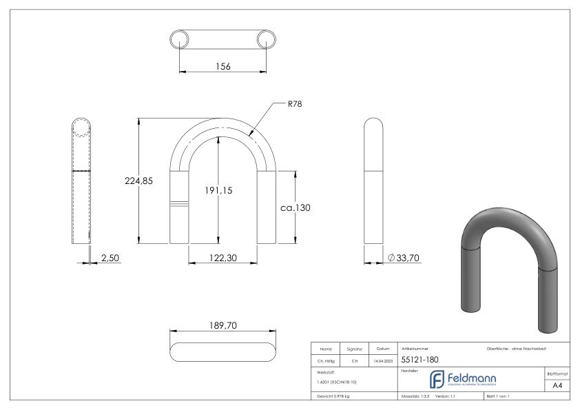Rohrbogen 180°, aus Rohr 33,7x2,5mm, V2A
