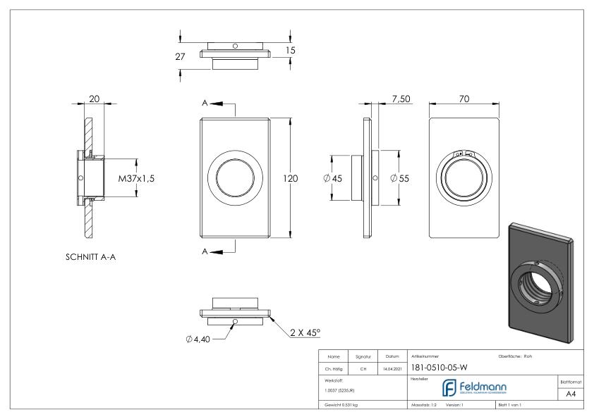 Montageplatte eckig 70x120mm