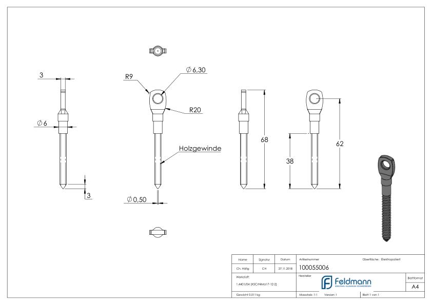 Augenschraube, mit Holzgewinde 6mm, V4A
