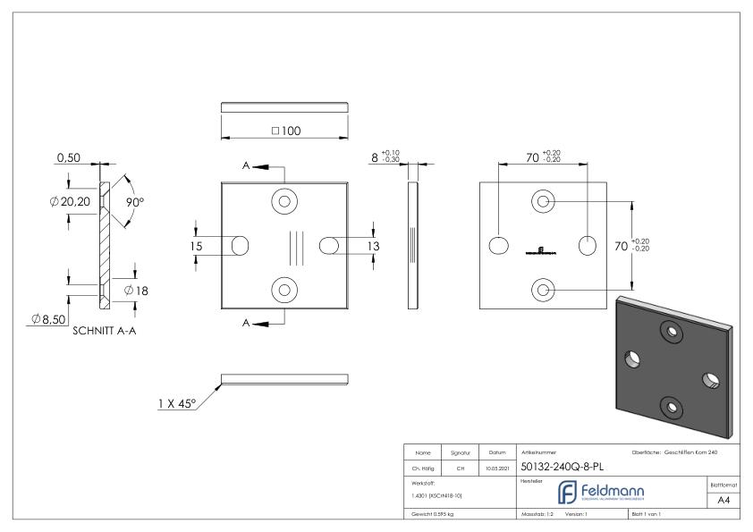 FeNau Ankerplatte Edelstahl - 100x100x6mm V2A Mit 4 Bohrungen